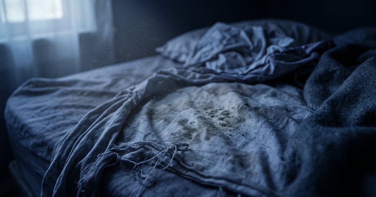 Unwashed bed sheets, dust mites and mould - photographed for the Why Can't I Sleep guide. Images and Photos created by www.why-cant-sleep.com