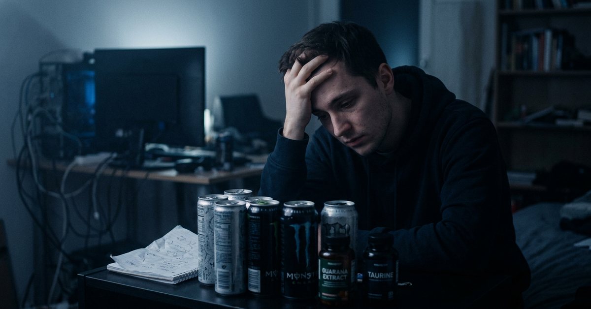 Energy drinks, guarana, taurine and 48 hours without sleep - photographed for the Why Can't I Sleep guide. Images and Photos created by www.why-cant-sleep.com