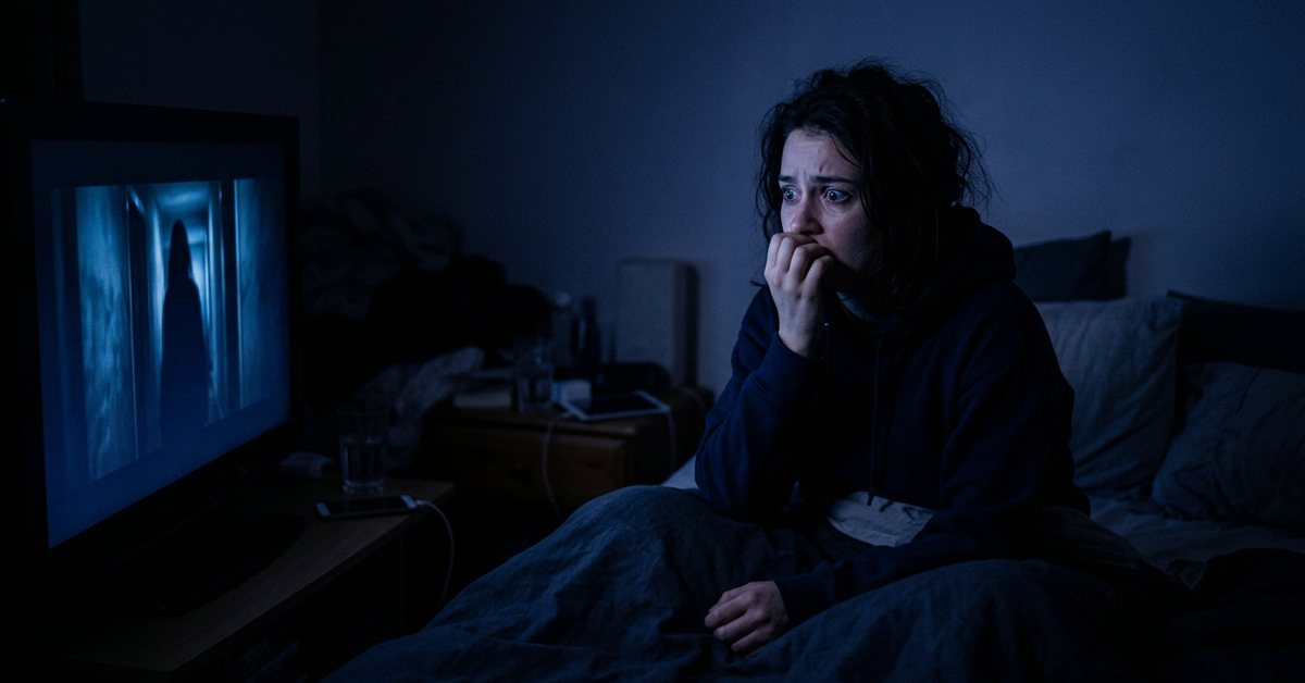 Watching scary horror movies before bed and hyperarousal - photographed for the Why Can't I Sleep guide. Images and Photos created by www.why-cant-sleep.com