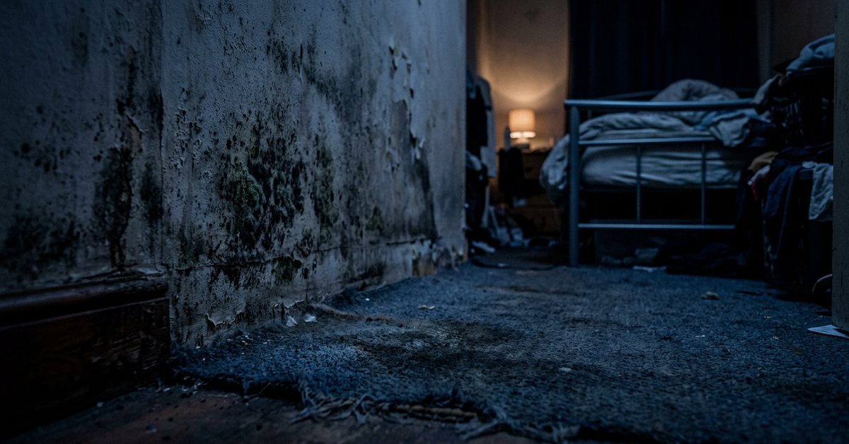 Mould, rising damp, old carpet and night time congestion - photographed for the Why Can't I Sleep guide. Images and Photos created by www.why-cant-sleep.com
