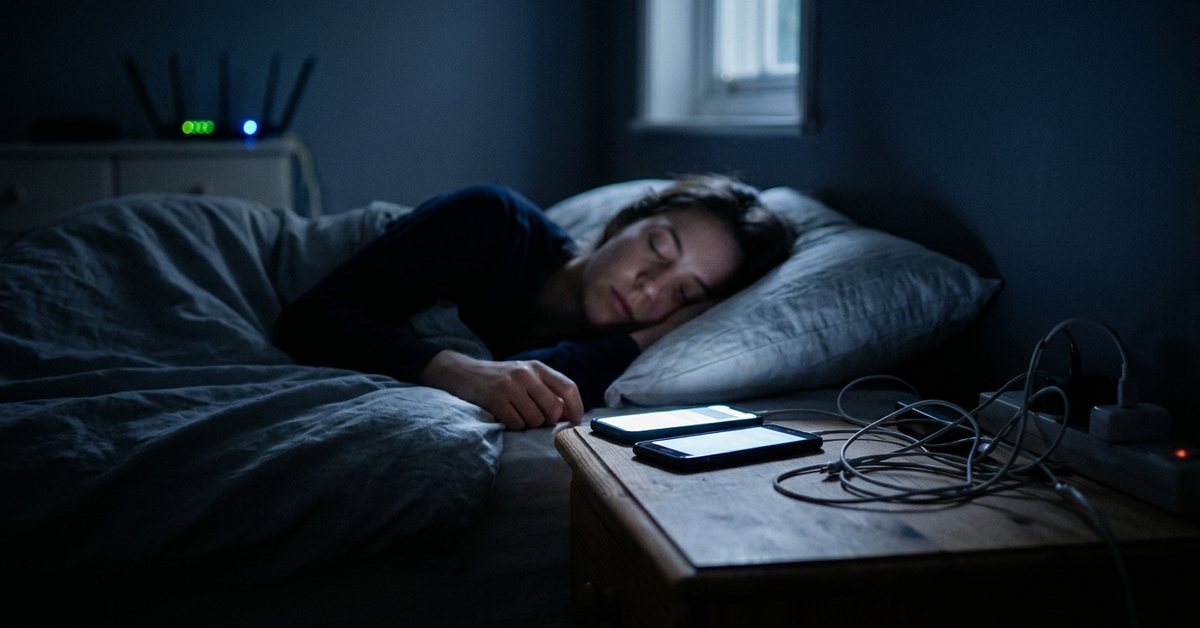 Bedroom noise, wifi EMF and phones beside your head - photographed for the Why Can't I Sleep guide. Images and Photos created by www.why-cant-sleep.com