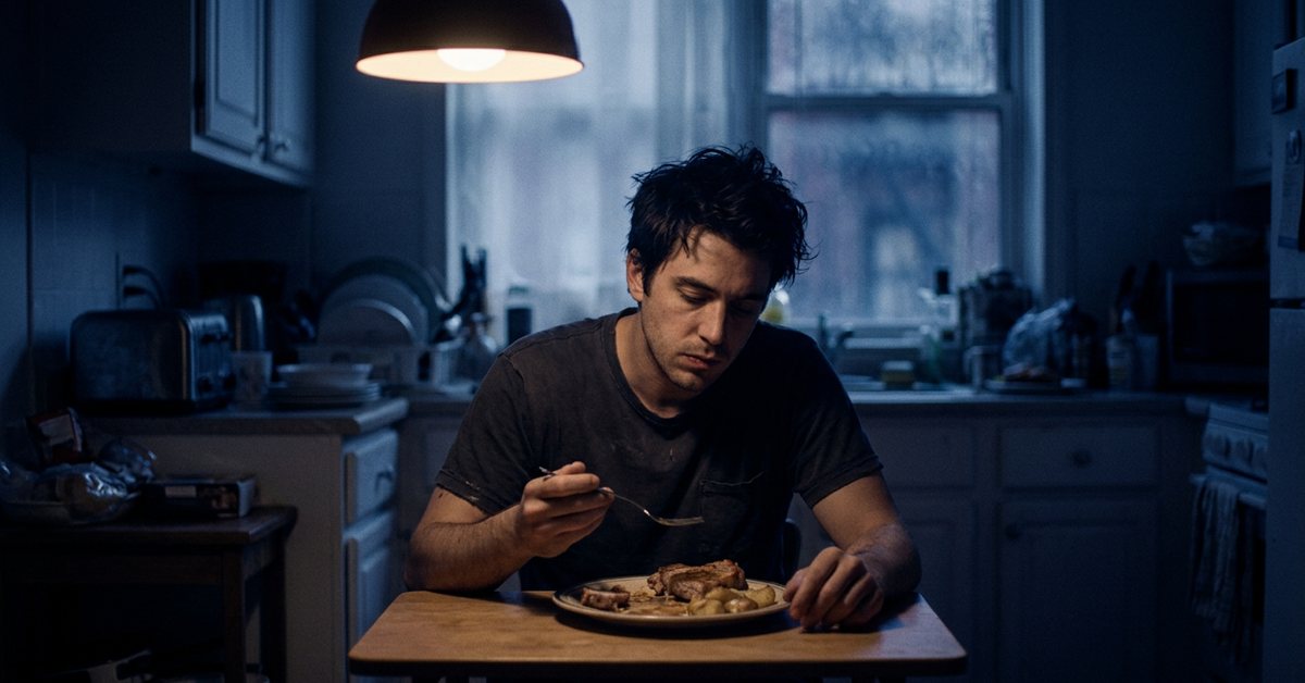 Eating pork late at night, nightmares and broken sleep - photographed for the Why Can't I Sleep guide. Images and Photos created by www.why-cant-sleep.com