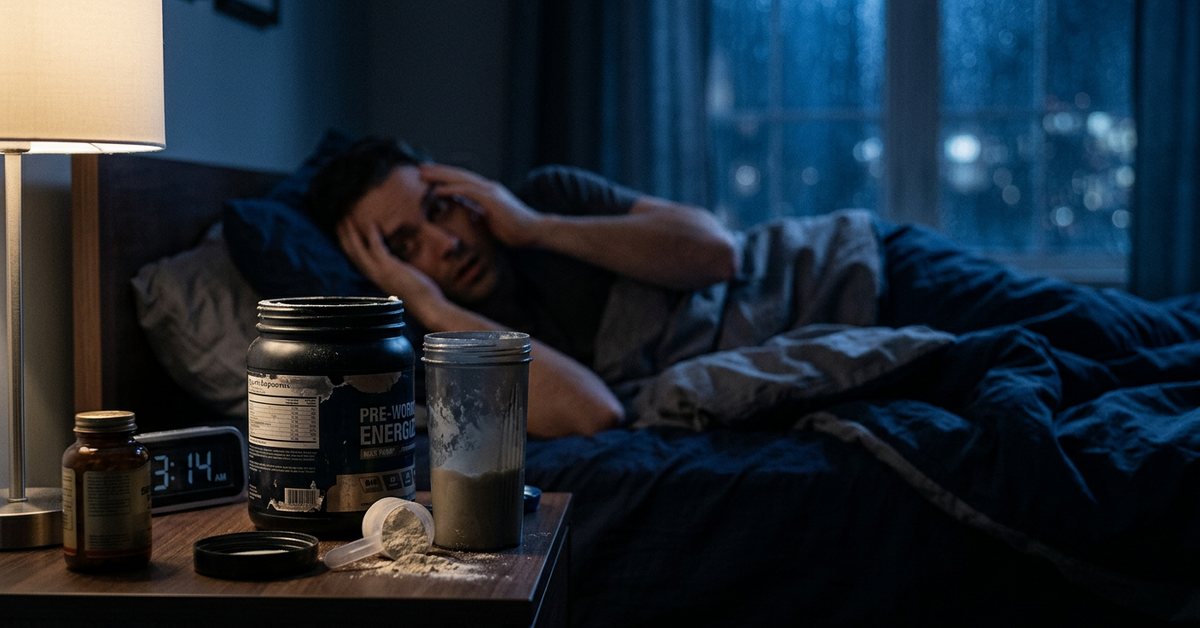 Gym protein powders and pre-workout stimulants ruining sleep - photographed for the Why Can't I Sleep guide. Images and Photos created by www.why-cant-sleep.com